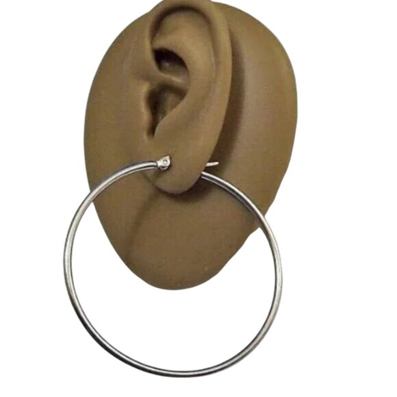 2 Inch 50mm Thin Hoop Pierced Post Earrings Silver Tone 2mm Band - Picture 1 of 4